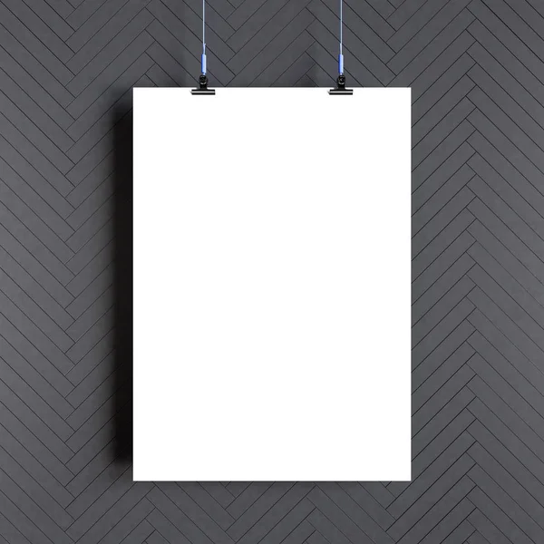 Paper blank poster template hanging over wall. 3D illustration — Stock Photo, Image