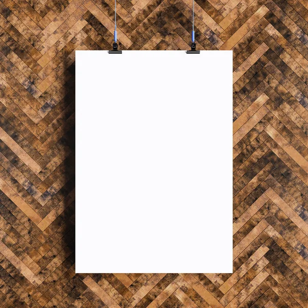 Papierlose Plakatvorlage, die über der Wand hängt. 3D-Illustration — Stockfoto