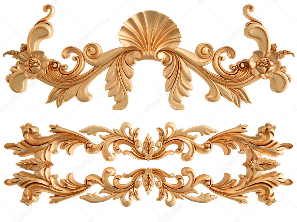 Gold carved ornament on a white background. Isolated