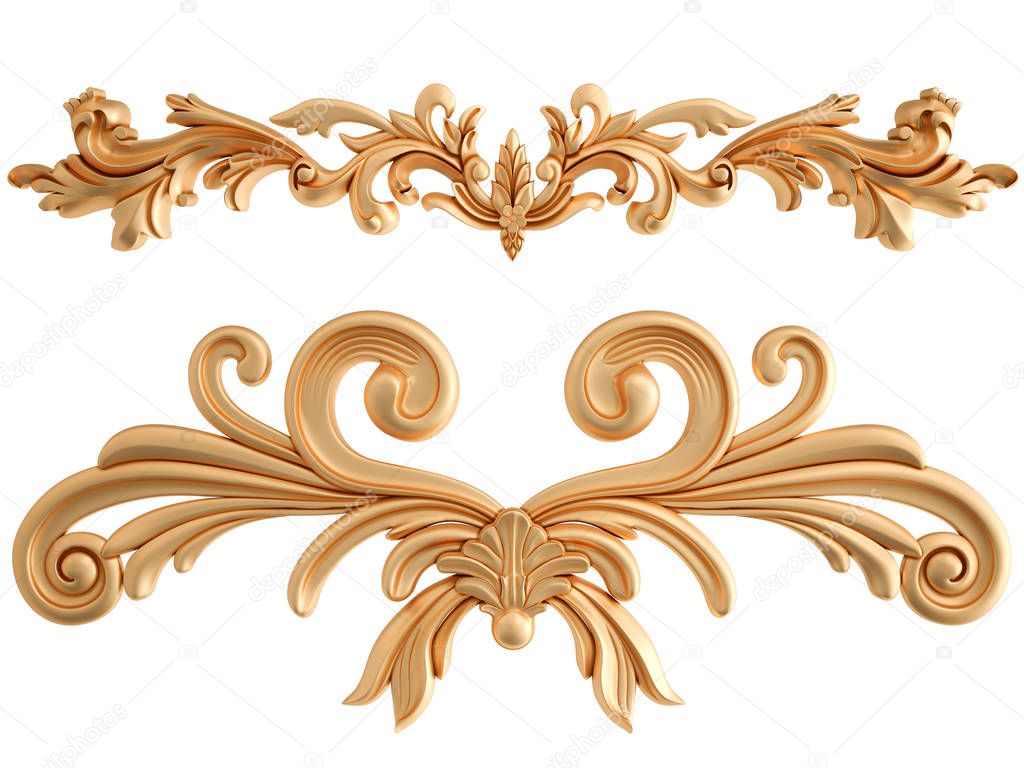 Gold carved ornament on a white background. Isolated