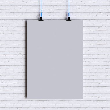 Kağıt boş poster şablonu duvardan asılı. 3D çizim