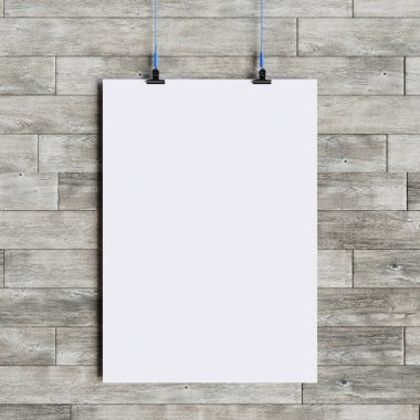 Kağıt boş poster şablonu duvardan asılı. 3D çizim