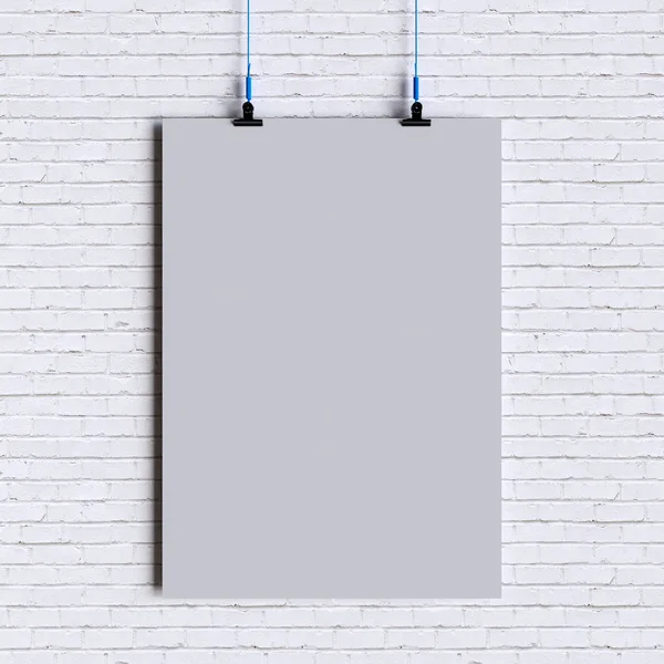 Paper blank poster template hanging over wall. 3D illustration — Stock Photo, Image