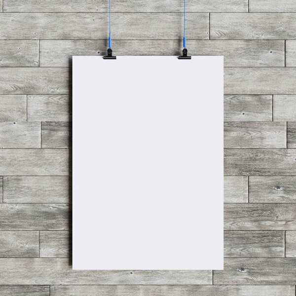 Paper blank poster template hanging over wall. 3D illustration. High quality