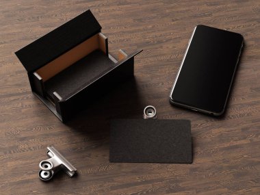 Ahşap arka plan üzerinde kartvizit. 3D çizim