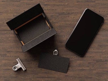 Ahşap arka plan üzerinde kartvizit. 3D çizim