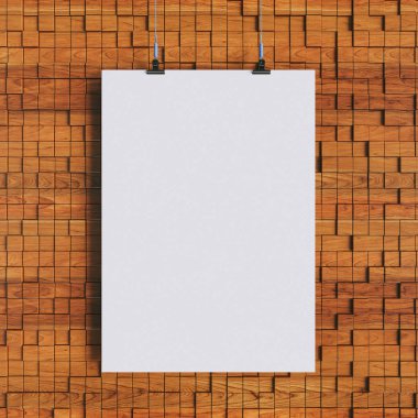 Kağıt boş poster şablonu duvardan asılı. 3D çizim