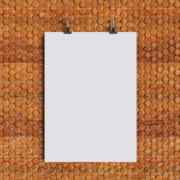 Paper blank poster template hanging over wall. 3D illustration — Stock Photo, Image