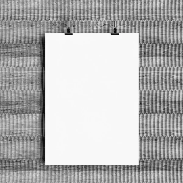 Siyah ve beyaz kağıt boş poster şablonu duvardan asılı. 3D çizim — Stok fotoğraf