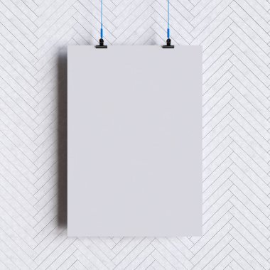 Kağıt boş poster şablonu duvardan asılı. 3D çizim
