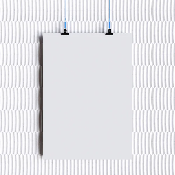 Modelo de cartaz em branco de papel pendurado sobre a parede. Ilustração 3D — Fotografia de Stock