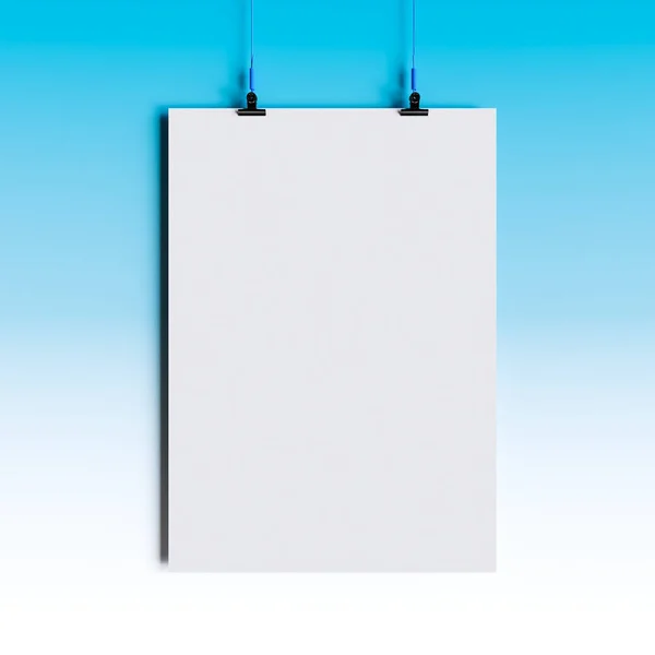 Paper blank poster template hanging over wall. 3D illustration