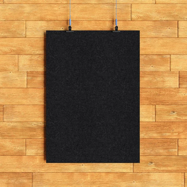 Paper blank poster template hanging over wall. 3D illustration — Stock Photo, Image