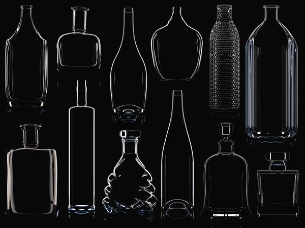 Colección de botellas de vidrio vacías, aisladas. Ilustración 3D — Foto de Stock