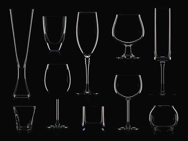 Велика колекція скляного посуду ізольована. 3D ілюстрація — стокове фото