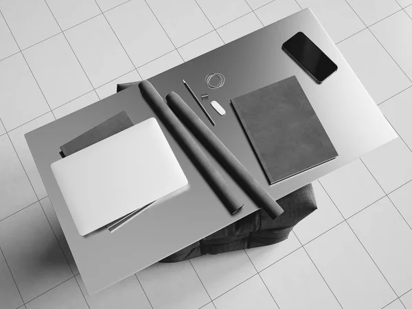 Branding papeterii makieta sceny czerni i bieli. ilustracja 3D — Zdjęcie stockowe