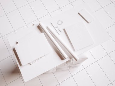 Beyaz marka Kırtasiye mockup sahne. 3D çizim