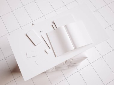 Beyaz marka Kırtasiye mockup sahne. 3D çizim