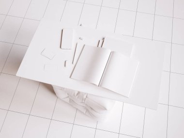 Beyaz marka Kırtasiye mockup sahne. 3D çizim