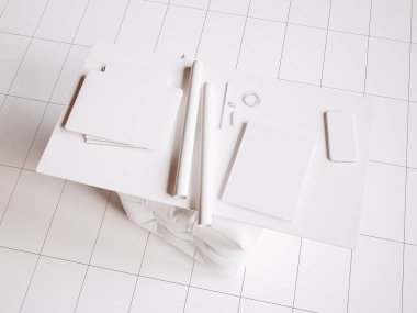 Beyaz marka Kırtasiye mockup sahne. 3D çizim