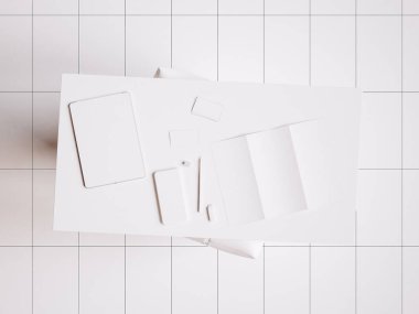 Beyaz marka Kırtasiye mockup sahne. 3D çizim