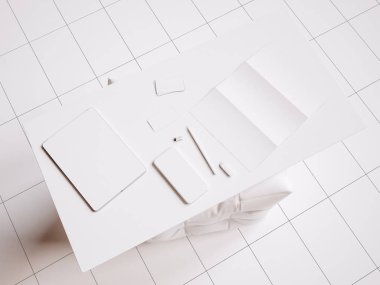 Beyaz marka Kırtasiye mockup sahne. 3D çizim