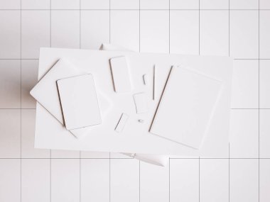 Beyaz marka Kırtasiye mockup sahne. 3D çizim