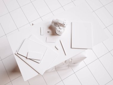 Beyaz marka Kırtasiye mockup sahne. 3D çizim