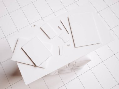 Beyaz marka Kırtasiye mockup sahne. 3D çizim