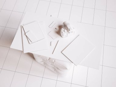Beyaz marka Kırtasiye mockup sahne. 3D çizim