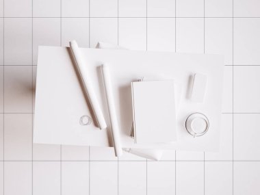 Beyaz marka Kırtasiye mockup sahne. 3D çizim