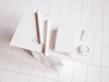 Beyaz marka Kırtasiye mockup sahne. 3D çizim