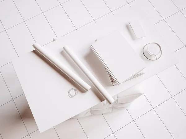 Escena maqueta de papelería de marca blanca. Ilustración 3D —  Fotos de Stock