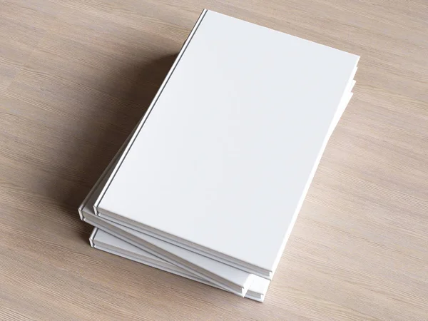 Portada de libro en blanco sobre fondo de madera texturizada. Ilustración 3D — Foto de Stock