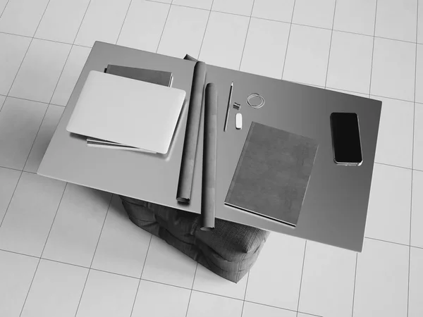 Marca papelería maqueta escena en blanco y negro. Ilustración 3D — Foto de Stock
