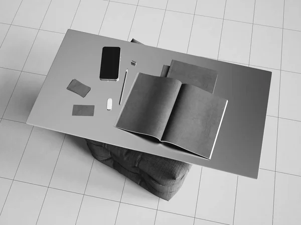 Mockup di cancelleria di marca scena in bianco e nero. Illustrazione 3D — Foto Stock