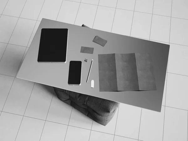 Branding levélpapír makett jelenet fekete-fehér. 3D-s illusztráció — Stock Fotó