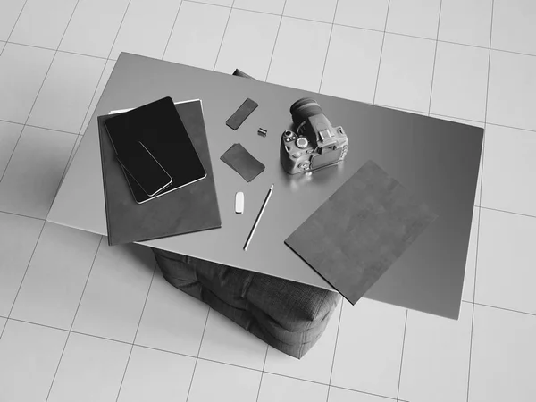 Marca papelería maqueta escena en blanco y negro. Ilustración 3D —  Fotos de Stock