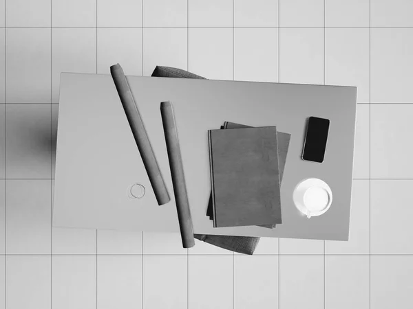 Branding χαρτικά mockup σκηνή μαύρο και άσπρο. 3D απεικόνιση — Φωτογραφία Αρχείου