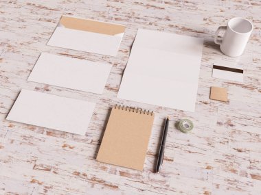 Marka kimliğini sahte bir ahşap arka plan üzerinde kurmak. 3D çizim