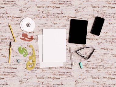 Marka kimliğini sahte bir ahşap arka plan üzerinde kurmak. 3D çizim