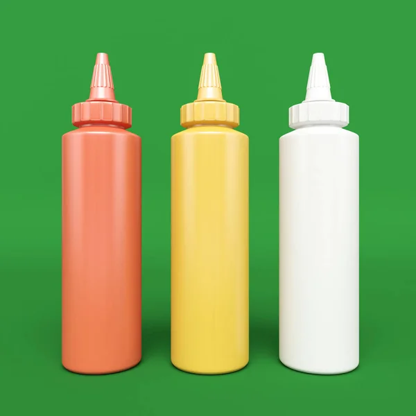 Garrafas de ketchup ou mostarda isoladas em hromakey. Ilustração 3D — Fotografia de Stock