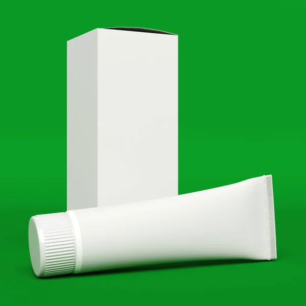 Blank box and tube isolated on hromakey. 3D illustration — Stock Photo, Image