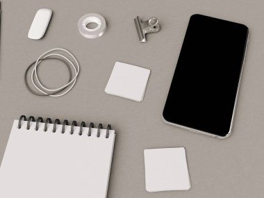 Siyah ve beyaz kurumsal kimlik. Kadar sahte marka. Ofis, banka donatımı, becerikli alet. 3D çizim