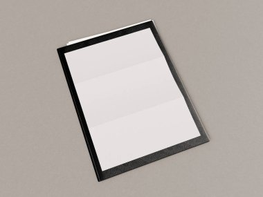 Siyah ve beyaz kurumsal kimlik. Kadar sahte marka. Ofis, banka donatımı, becerikli alet. 3D çizim