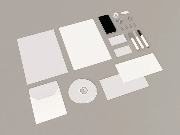 Identidad corporativa en blanco y negro. Branding Mock Up. Material de oficina, Gadgets. Ilustración 3D — Foto de Stock