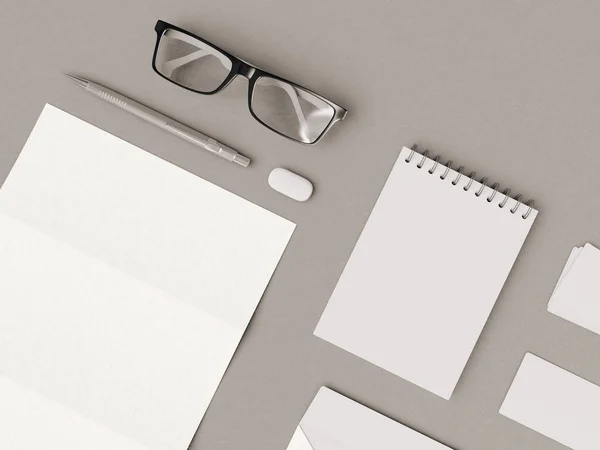 Black and white Corporate Identity. Branding Mock Up. Office supplies, Gadgets. 3D illustration — Stock Photo, Image