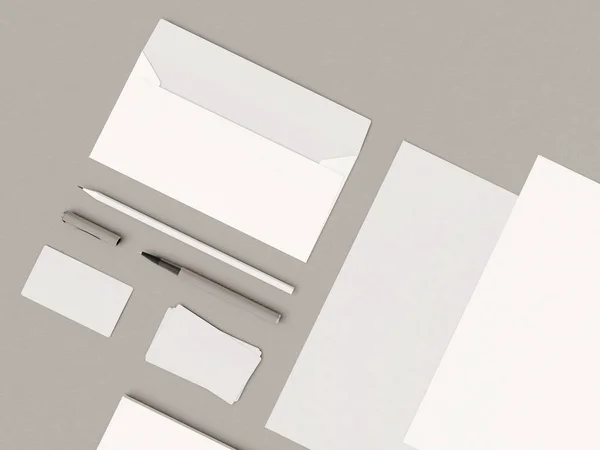 Identidade Corporativa em preto e branco. Branding Mock Up. Material de escritório, Gadgets. Ilustração 3D — Fotografia de Stock