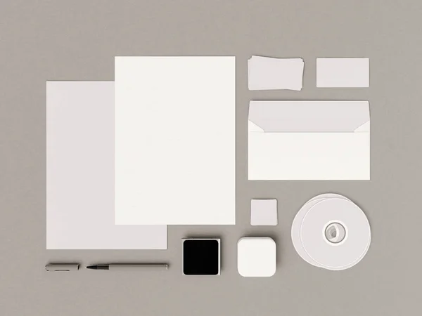 Identidad corporativa en blanco y negro. Branding Mock Up. Material de oficina, Gadgets. Ilustración 3D — Foto de Stock