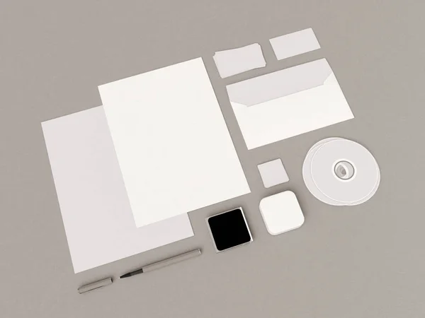 Identité d'entreprise en noir et blanc. Branding Mock Up. Des fournitures de bureau, Gadgets. Illustration 3D — Photo